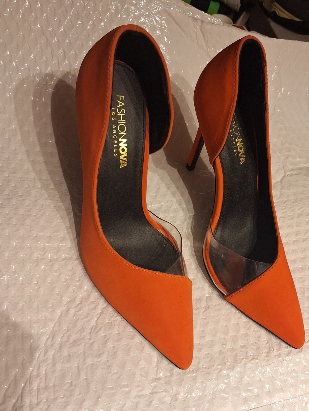 Fashion Nova Orange Pointed-Toe Clear Accent Stilettos